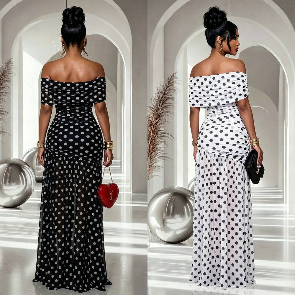 C7743 cross-border   fashion women's polka dot slit party vacation bodycon dress