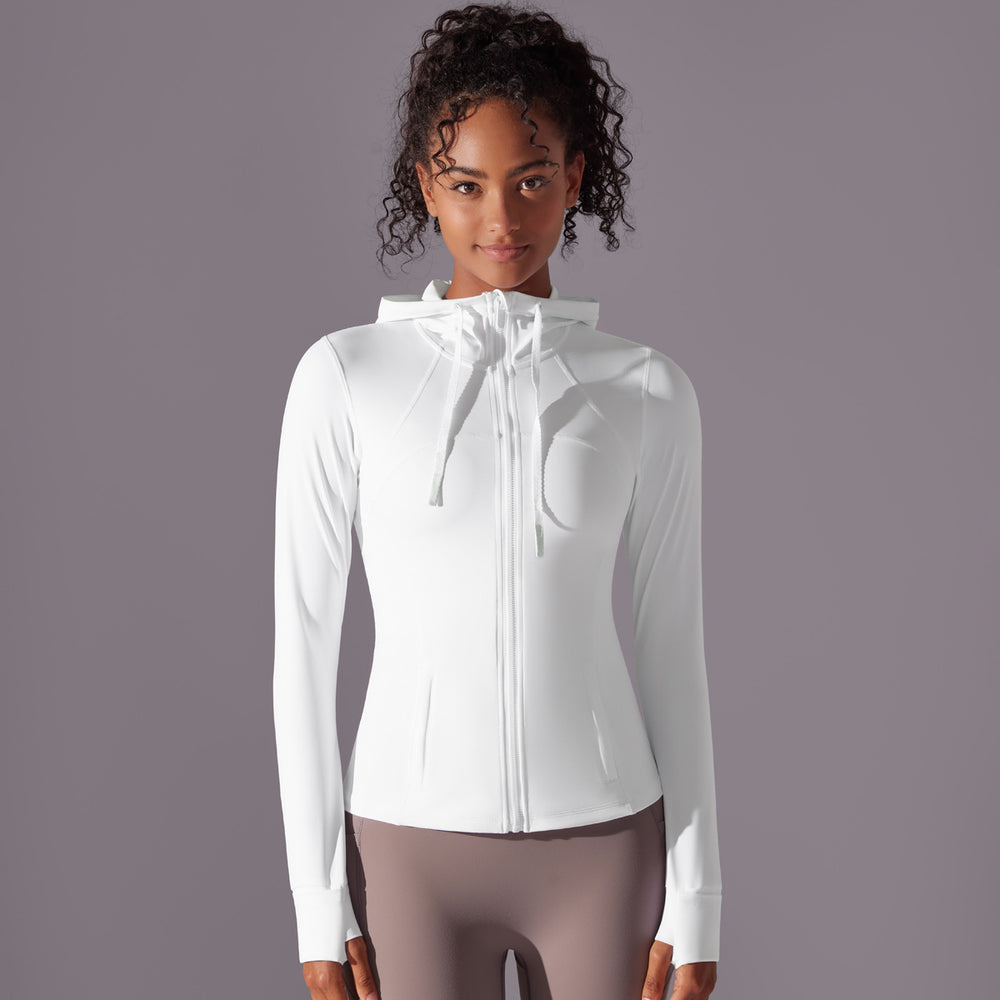 New women's seamless hooded yoga top - long sleeve, quick-dry, zip-up activewear for running and fitness
