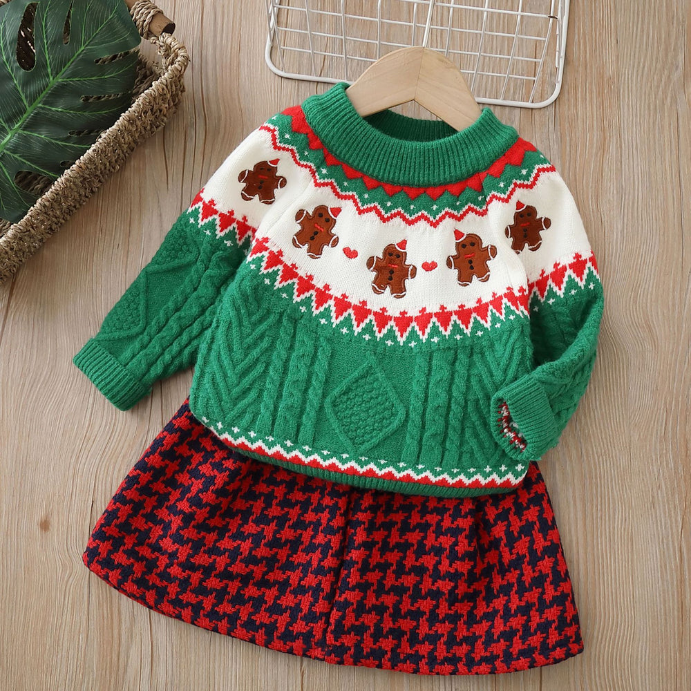 Knitted two-piece set:  christmas & new year's edition - girls' cartoon fleece-lined cardigan sweater set