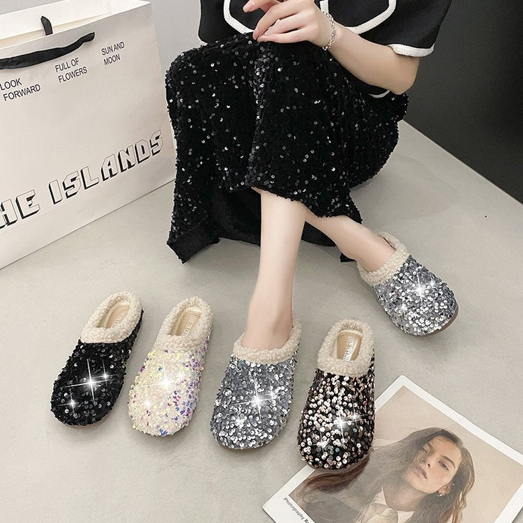 plus size baotou fur slippers for women outwearfleece-linedsequin autumn winternew arrivalstuffed cotton slippers