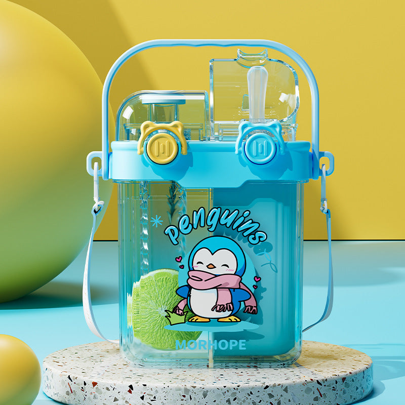 Kids' dual-drink water bottle - square straw sippy cup for school, portable crossbody punk water bottle for boys and girls