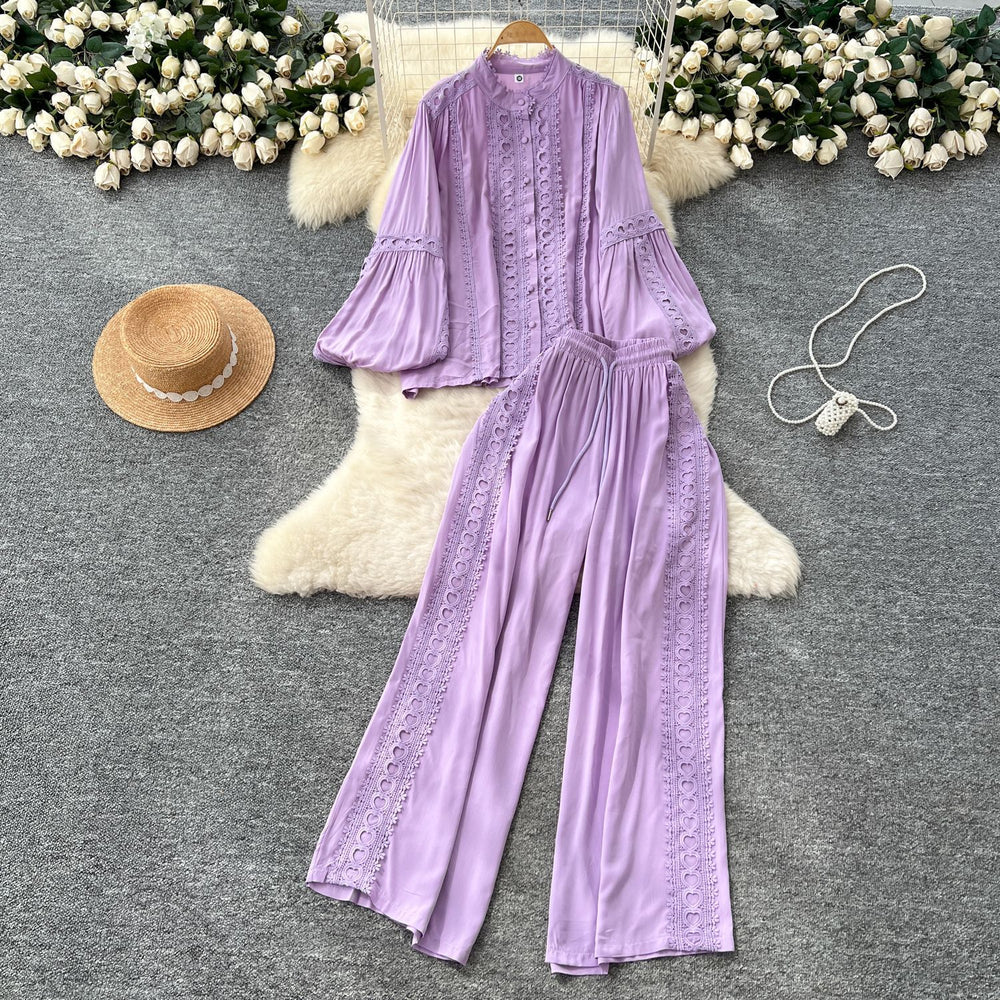 Elegant two-piece set for women, autumn : french court style lace patchwork lantern sleeve blouse with high-waisted wide-leg pants