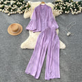 Elegant two-piece set for women, autumn : french court style lace patchwork lantern sleeve blouse with high-waisted wide-leg pants