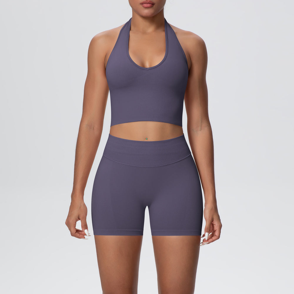 New seamless breathable backless halter bra high-waisted butt-lifting yoga set outdoor running fitness activewear