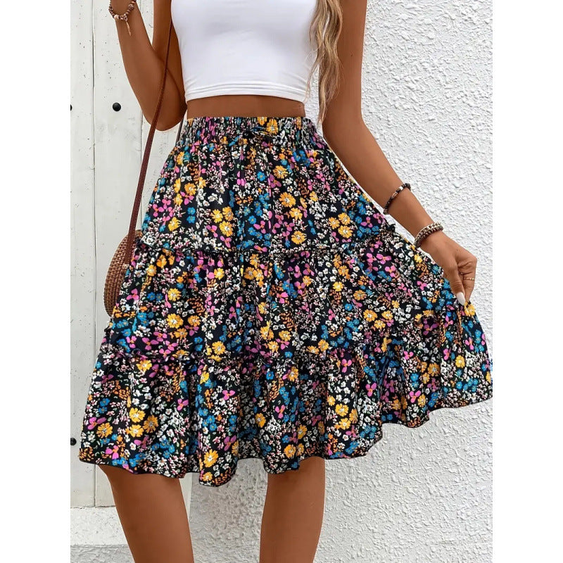 Shipped: european and american summer floral print women's bohemian ruffle hem midi skirt