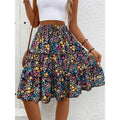 Shipped: european and american summer floral print women's bohemian ruffle hem midi skirt