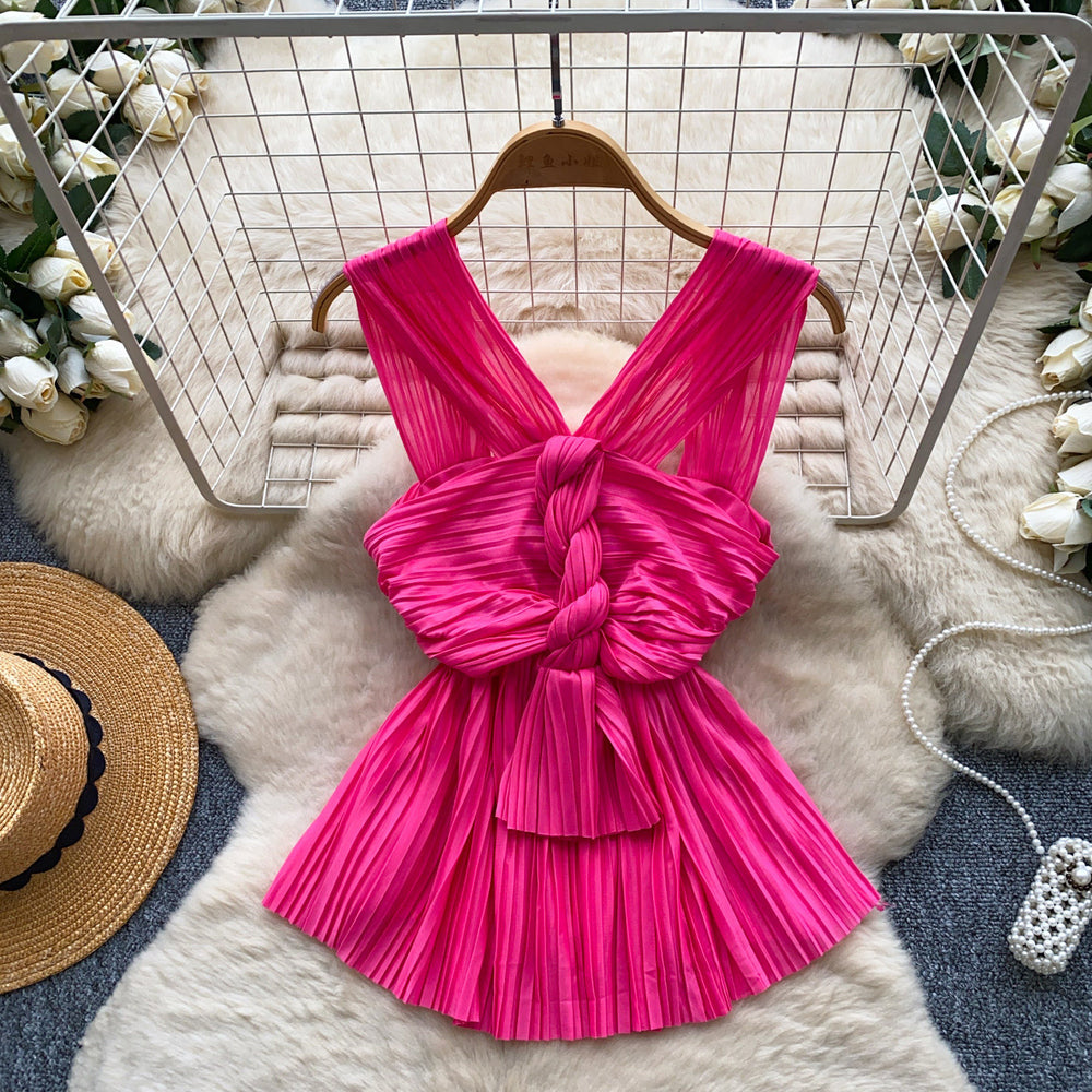 French pleated work clothing style halter suspender women's summer silmslimming look hot girl eleganttopsclassy sense vest