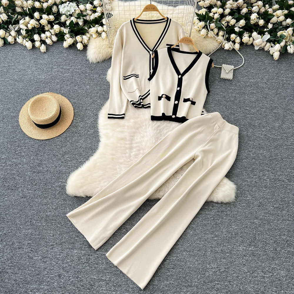 Xiaoxiangfeng age-reducing suit women's retrocontrast colorv neck sleeveless vest + long sleevesknittingoutwear + loose pants