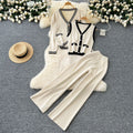 Xiaoxiangfeng age-reducing suit women's retrocontrast colorv neck sleeveless vest + long sleevesknittingoutwear + loose pants