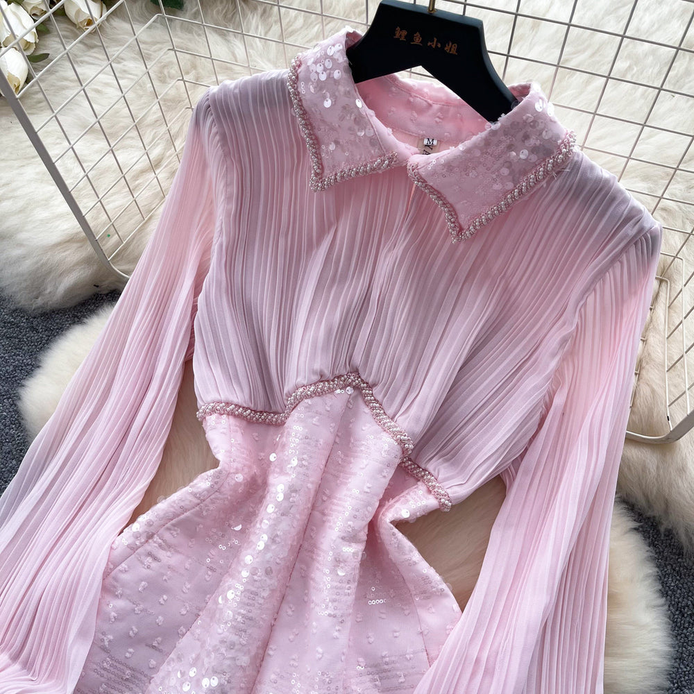 French chic sequin mesh pleated two-piece set - women's spring/autumn high-waisted tie-waist premium elegant outfit