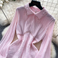 French chic sequin mesh pleated two-piece set - women's spring/autumn high-waisted tie-waist premium elegant outfit