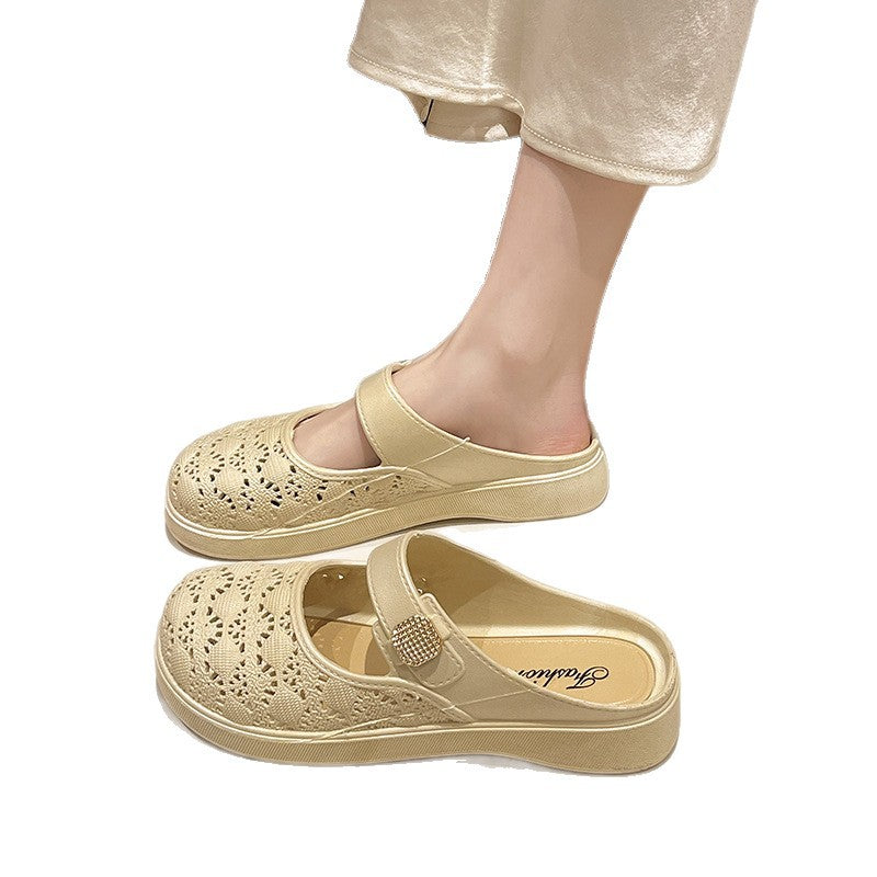 Fashion baotou women's slippers for daily wear at home and garden sandals populareasiest for matchpure colorcasualthick sole mid-heeled half support