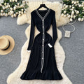 Classysense niche style celebrity contrast colorv necklong sleeves single breasted waist knittingdress women's inner fishtail long skirt
