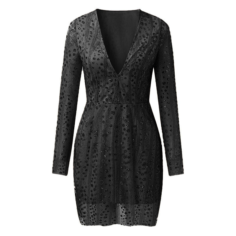 cross-border e-commerce fashion women's apparel:  direct sales deep v long sleeve sequin dress - evening gown
