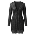 cross-border e-commerce fashion women's apparel:  direct sales deep v long sleeve sequin dress - evening gown