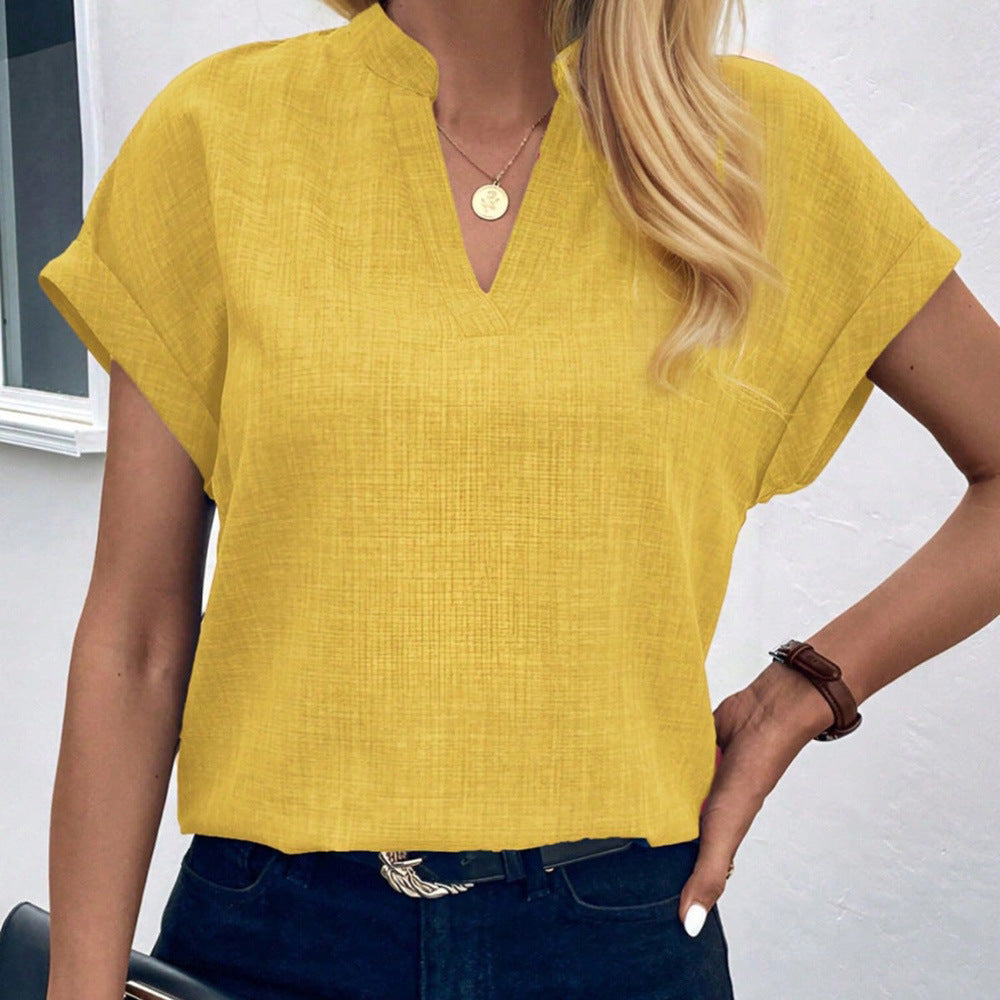 European and american cross-border women's fashion:  summer new arrivals - minimalist chic v-neck short-sleeve linen blouse/shirt for women