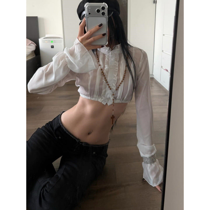 European and american women's clothing  summer new french sweet temperament ruffle trim cropped lantern sleeve blouse top