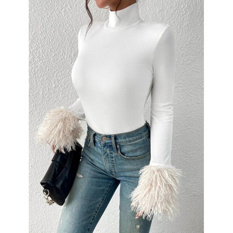 Shipped: women's turtleneck long sleeve bodysuit - ribbed knit with plush cuffs, slim fit autumn/winter top