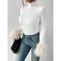 Shipped: women's turtleneck long sleeve bodysuit - ribbed knit with plush cuffs, slim fit autumn/winter top