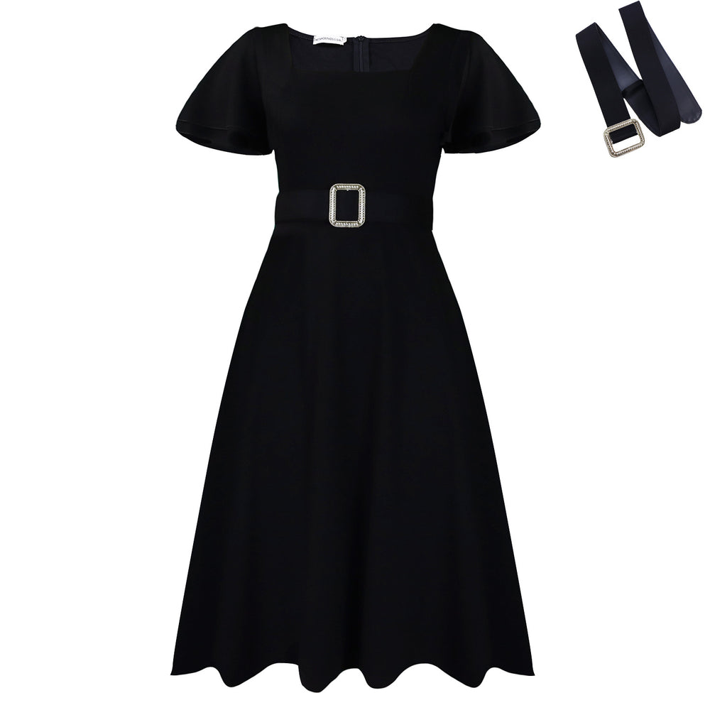 C8629  women's fashion  flared sleeve square neck high waist solid color elegant cross-border european and american dress
