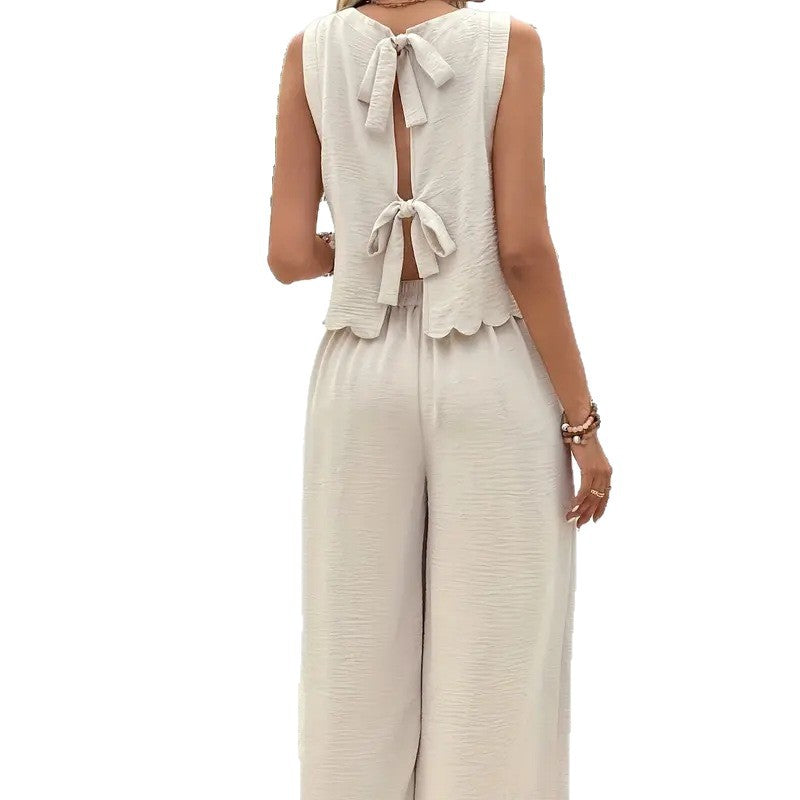 Shipped:  independent station fashion cross-border sexy casual pants see-through vacation style trousers hollow-out two-piece set