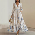 cross-border european and american women's clothing: new autumn fashion casual printed v-neck pleated a-line maxi dress