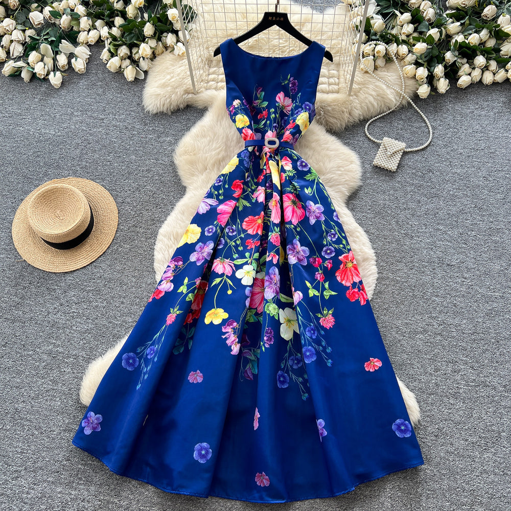 French sleeveless printed dress - women's slimming, figure-flattering, flowy maxi dress - summer korean style, vacation chic, elegant and chic dress