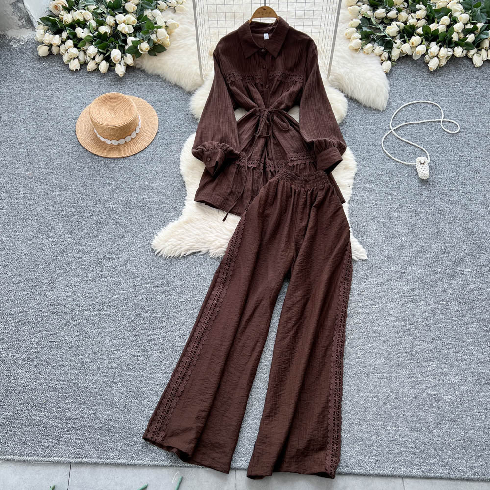 Frenchretro young ladysuit women's summer lantern sleeve shirt + elastic waist slimming look wide leg drapedpants