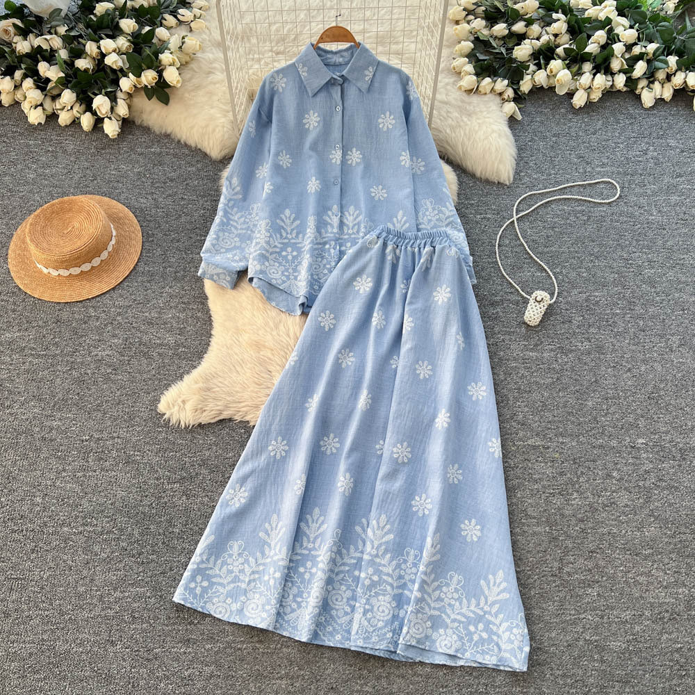 French chic two-piece set: autumn lantern sleeve blouse & high-waisted maxi skirt - effortless style for work or play