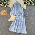 French chic two-piece set: autumn lantern sleeve blouse & high-waisted maxi skirt - effortless style for work or play