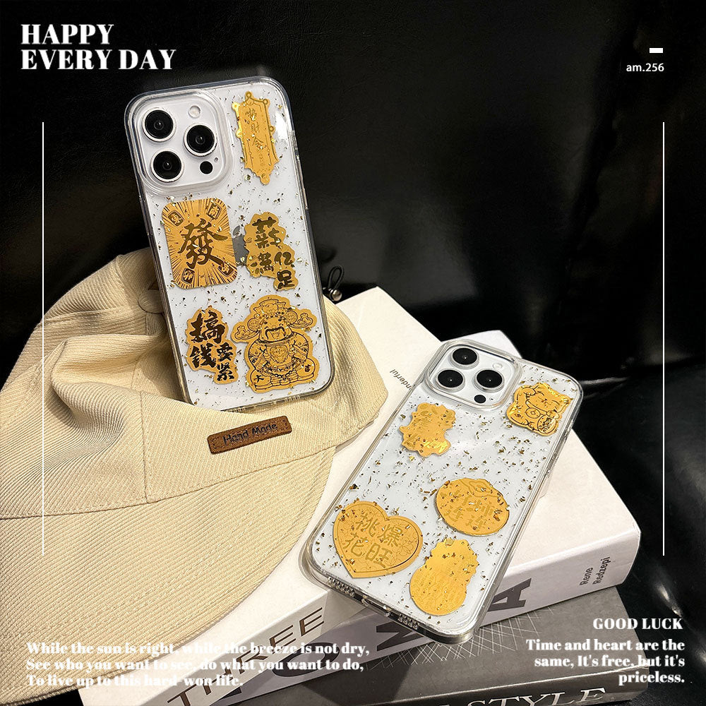 Suitable for apple 16pro transparent glue gold foil text mobile phone case iphone13/15 acrylic protective cover 12