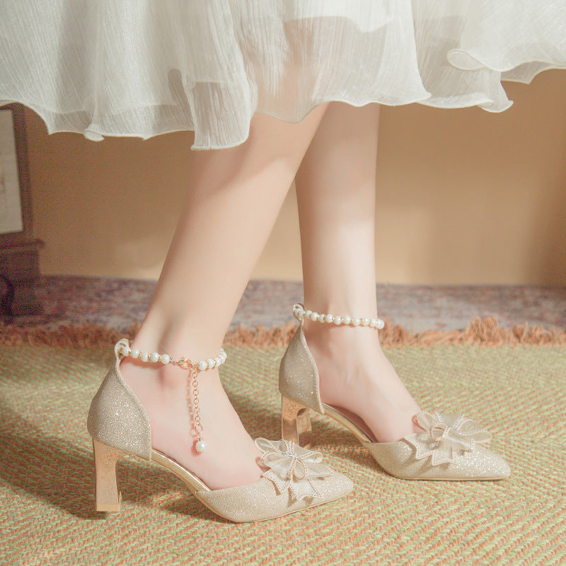High heels women's 2024new arrival hollow women's shoes thick heel pointed toe main wedding dress wedding shoes women xiuhe flats princess sandals