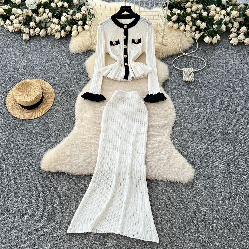 Xiaoxiangfengtwo-piece setfemaleautumfrenchcontrast colormetal bucklelong sleevesruffle hemknitting shirt skirt