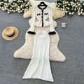 Xiaoxiangfengtwo-piece setfemaleautumfrenchcontrast colormetal bucklelong sleevesruffle hemknitting shirt skirt