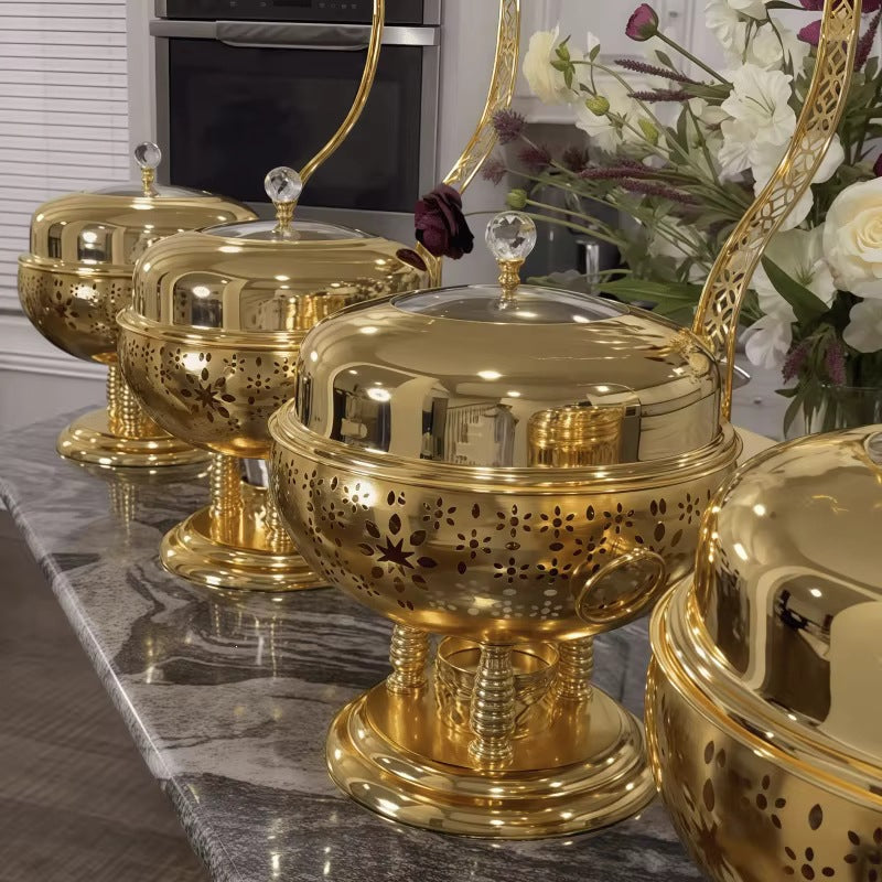 Gold round stainless steel buffet warmer - alcohol-fired buffet stove - ideal for hotels and restaurants