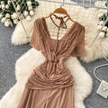 French chic v-neck short sleeve dress - summer slimming, figure-flattering, office-ready mesh maxi dress