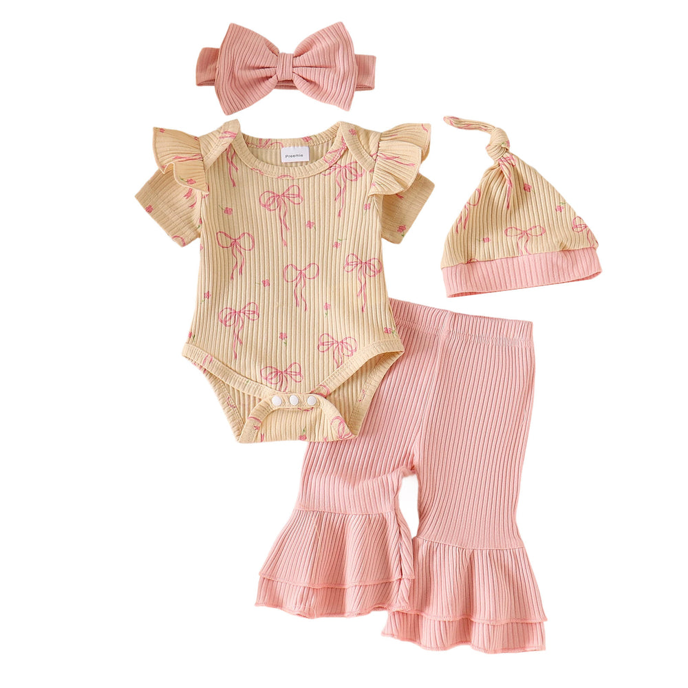 new product european and american summer bow printing pink flared pants cute baby children's clothing suit wholesale