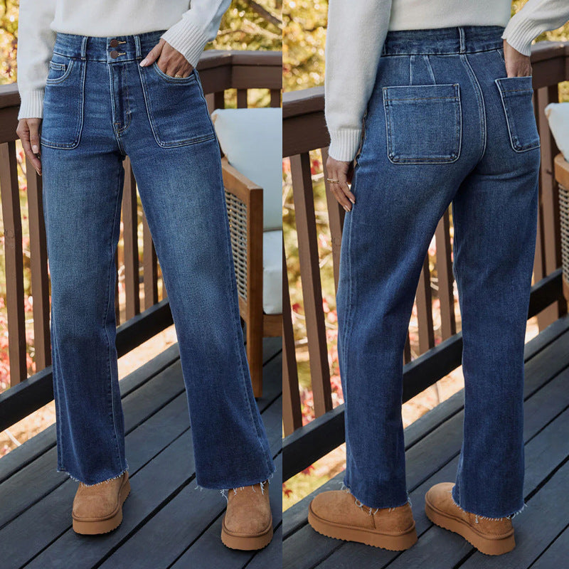 Fashionjeans women's new best-selling fashionelegantwork clothing raw edge straight-leg pants washed stretch jeans
