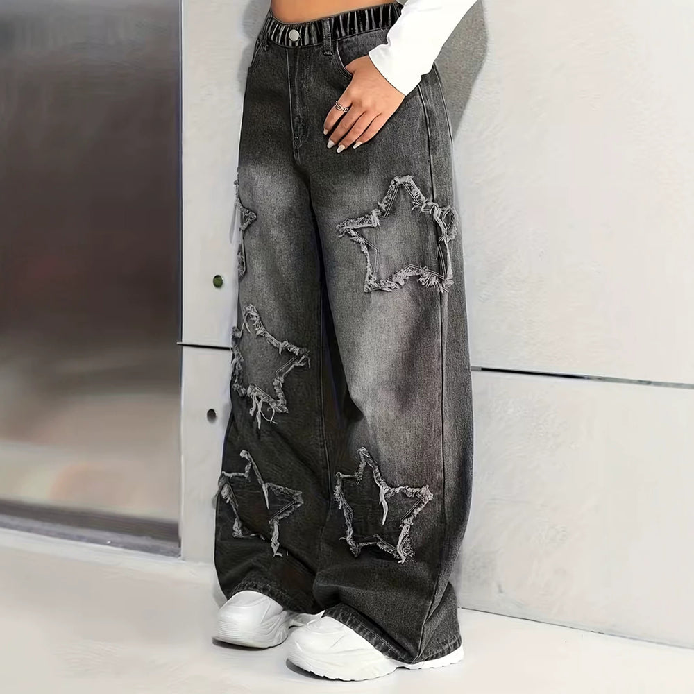 girls' spring/autumn denim pants: new styles for mid-to-large children, loose-fit casual straight-leg trousers, stylish and versatile wide-leg pants for kids