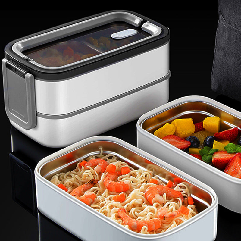 304 stainless steel water-added thermal insulation lunch box sealed fresh-keeping box double-layer grid bento box microwave oven portable lunch box