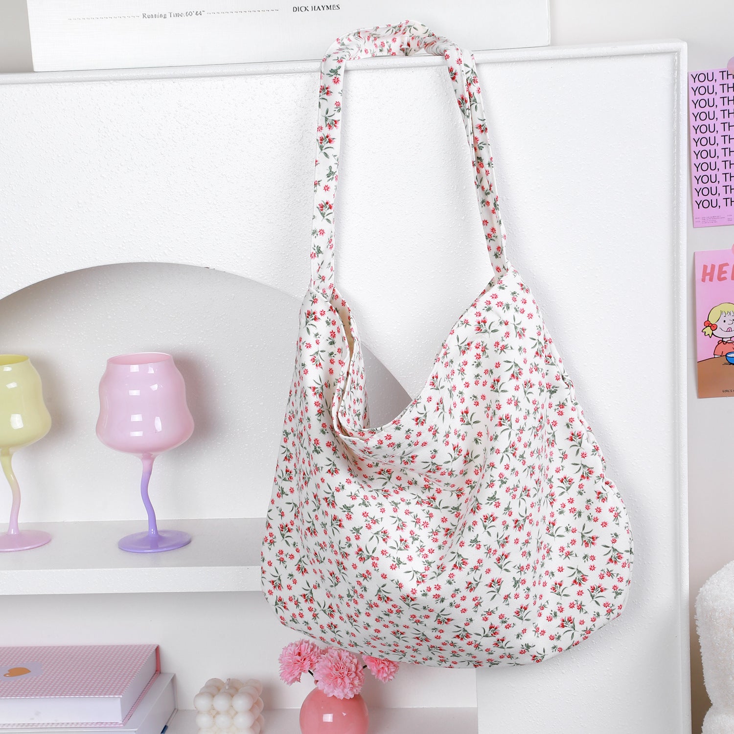 Cross-border new broken flower canvas bag messenger bag shopping bag fashion trend large capacity casual versatile women's shoulder bag