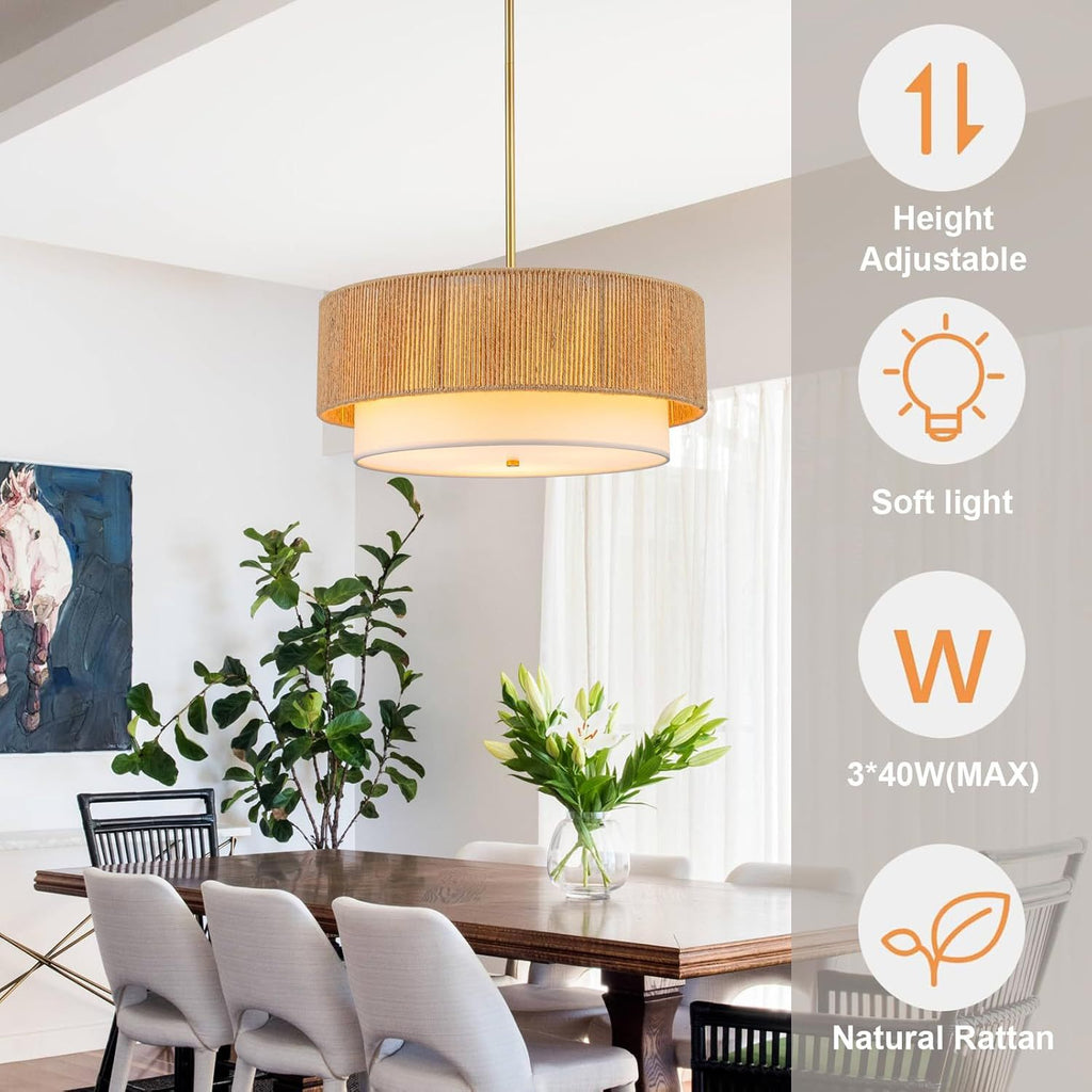 Cross-border farmhouse rattan chandelier 3 lights bohemian lighting fixtures for bedroom dining room foyer kitchen hallway