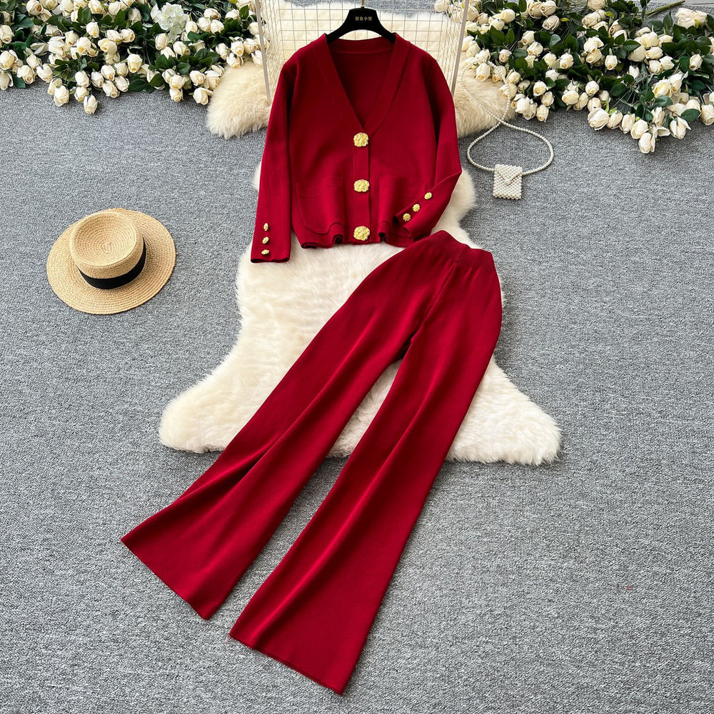 Premium chanel-inspired two-piece set for women: versatile knitted cardigan with metal button detail and casual pants - perfect for autumn and winter
