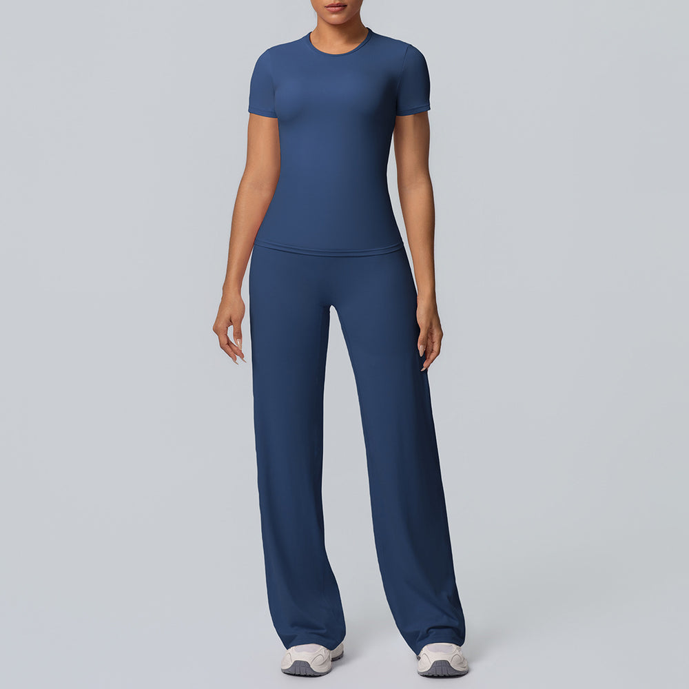 double-sided brushed pure color tight training long sleeves wide-leg yoga suit sports running fitness two-piece set