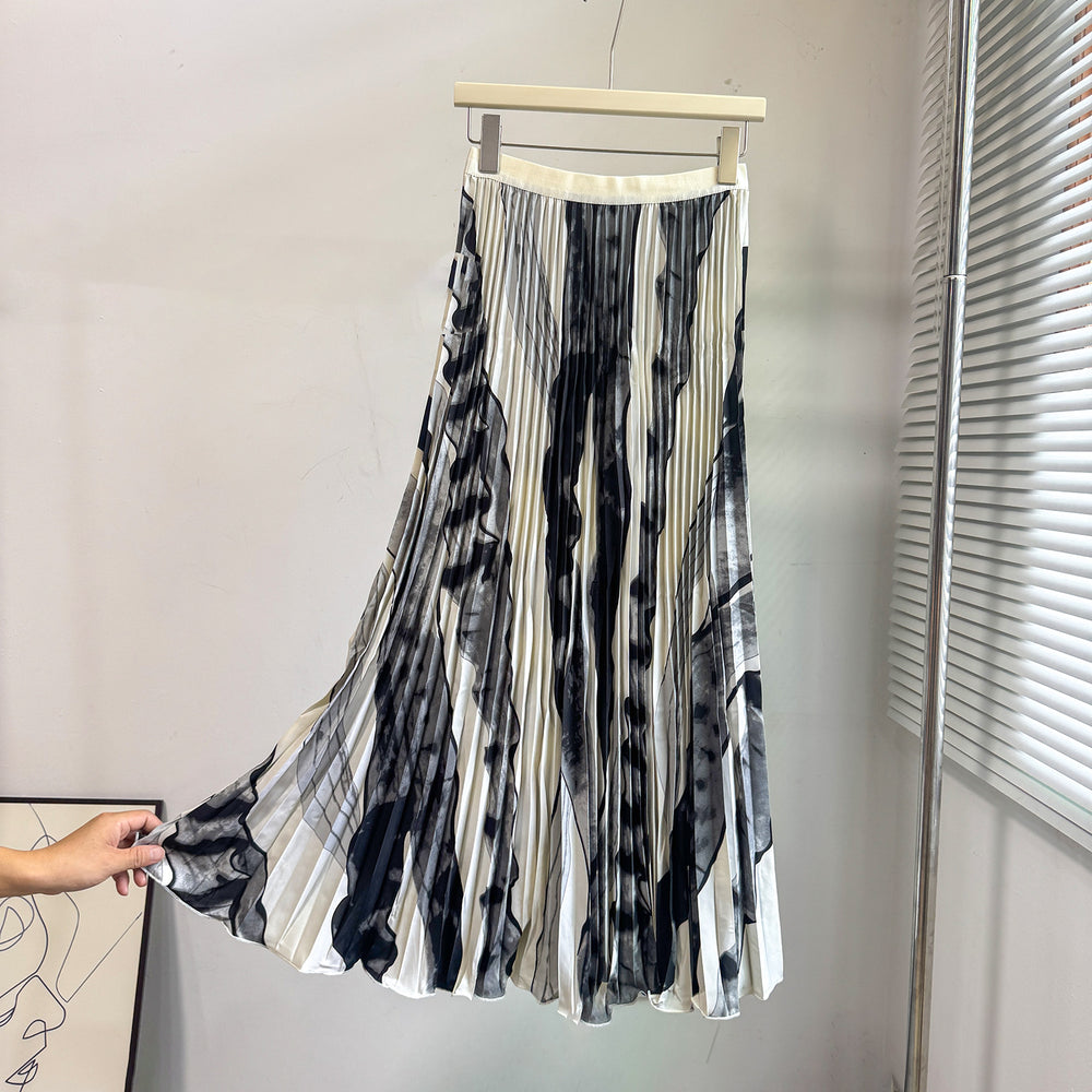 fashionretroprintingpleated elastic waist fashion skirt women's high waist a-line skirt work clothing long skirt summer