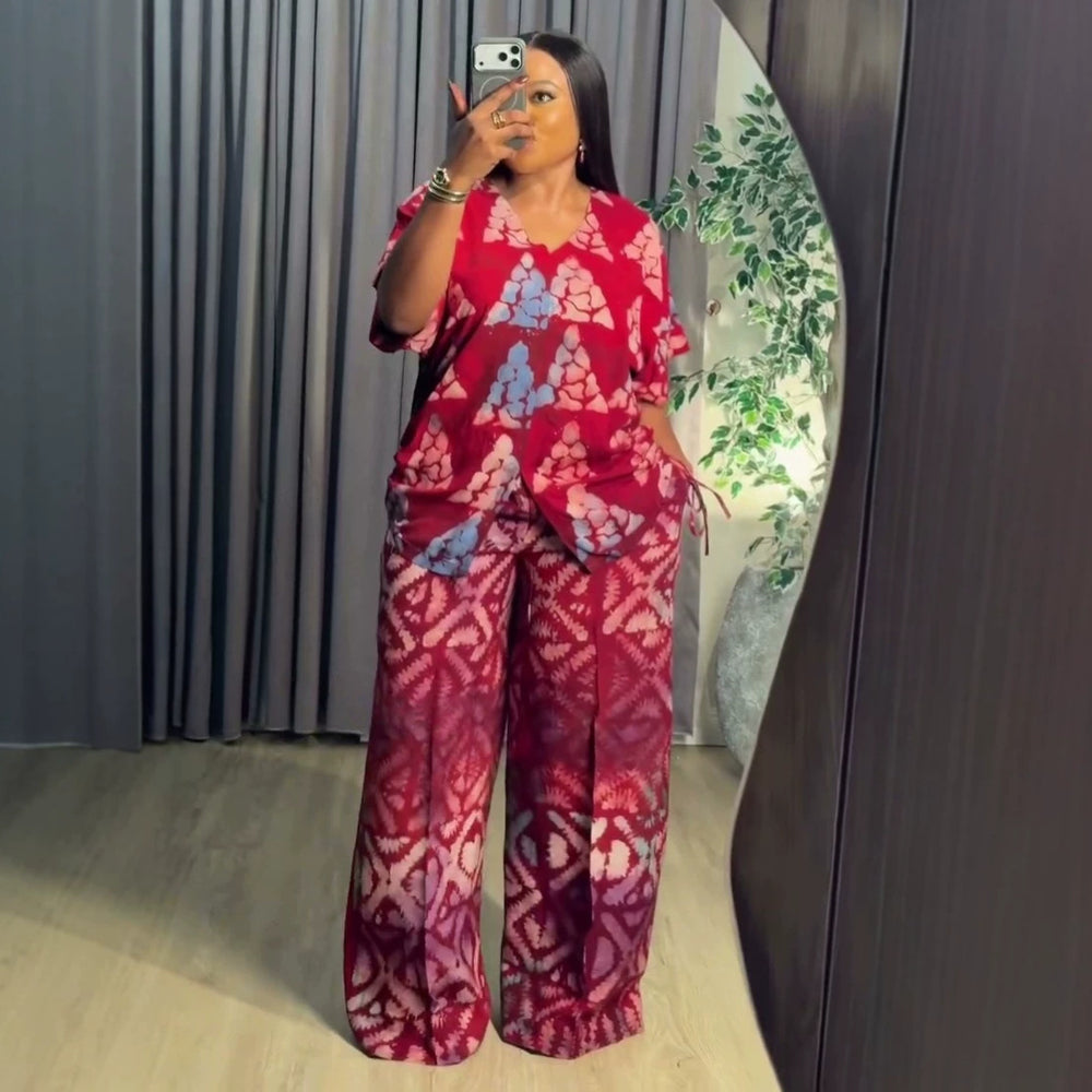 african women's clothing  summer new arrival: elegant v-neck drawstring loose plus size printed top and pants set