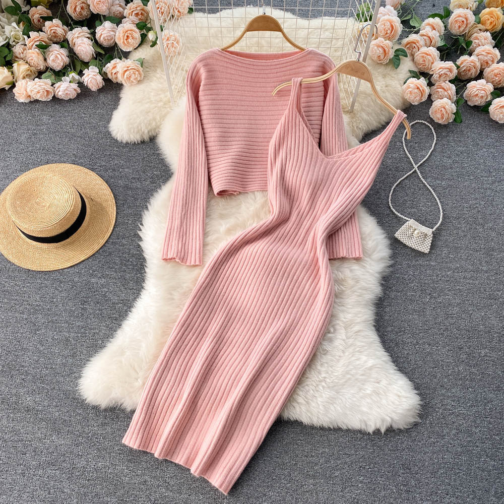 Hong kong style retrochicshortknitting shirt tops suspender v neckelegant hip-hugging dress layered two-piece set