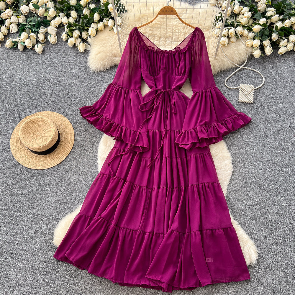 French chic square neck tie-up lantern sleeve dress - spring collection, sweet & sultry, slimming, and elegant maxi dress