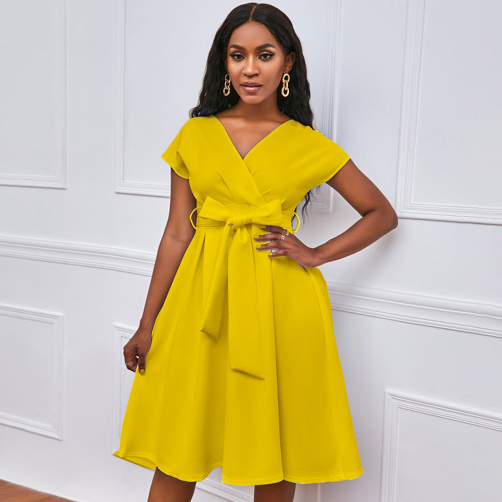 Amazon independent station summer v neckpure color waist bow tie european and american large swing dress cross-border dress