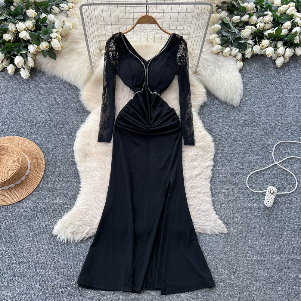 Elegant women's french-style high-end beaded v-neck lace long-sleeve patchwork waist-tie slit dress